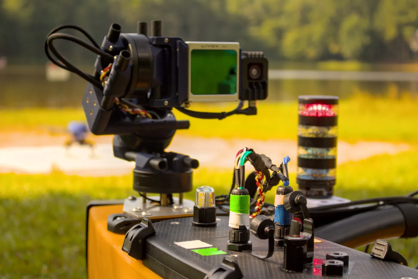 Boat deck electronics beside the gimbal