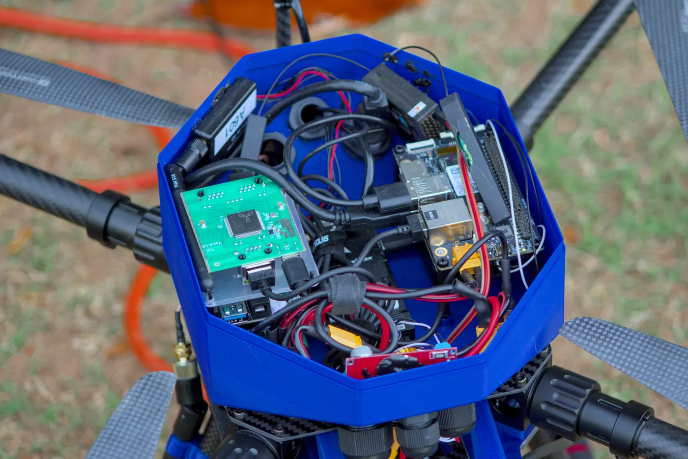 Overhead view of the drone electronics bay
