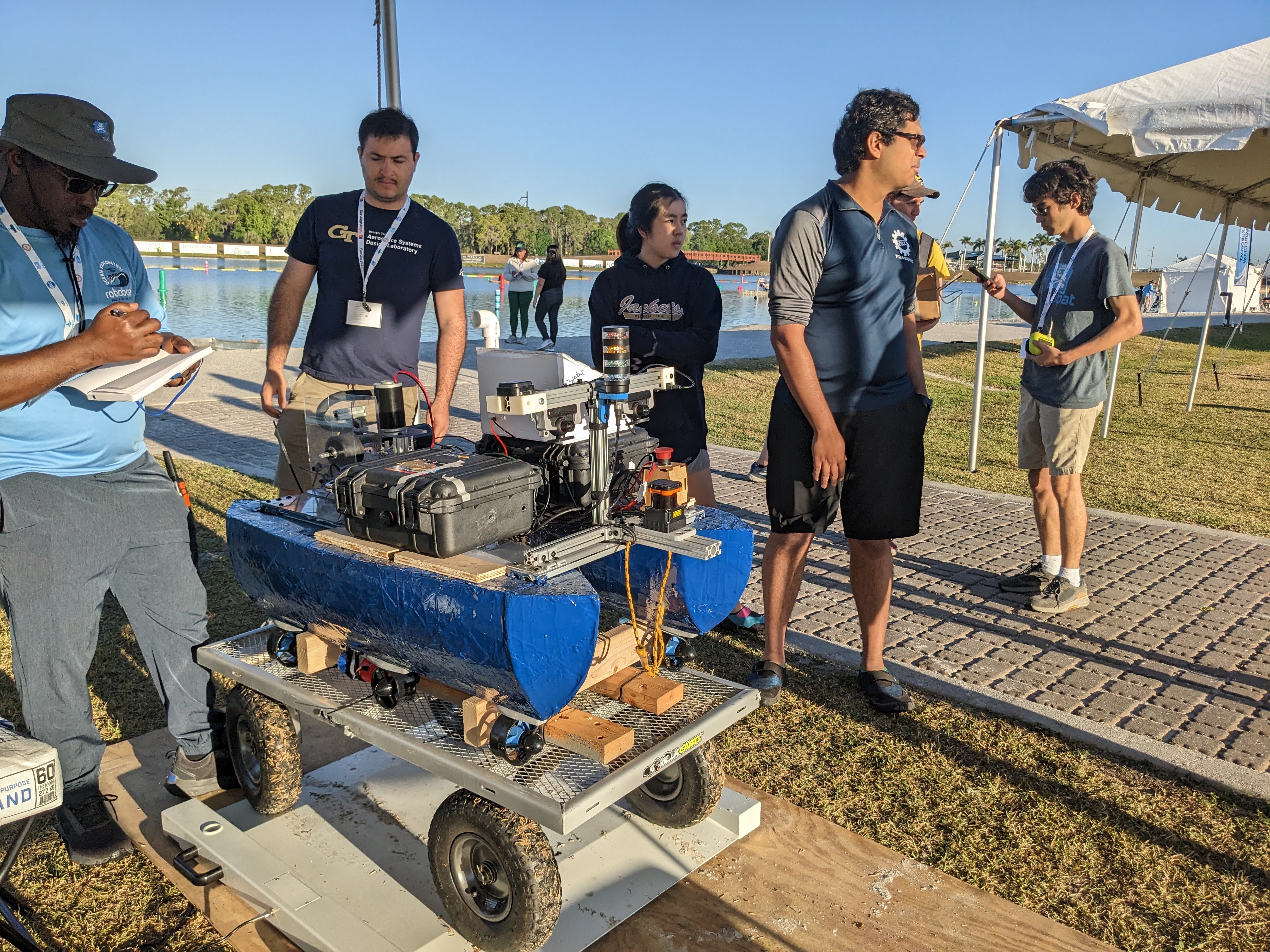 MRG's robot attempting the watershooting task at RoboBoat 2023.