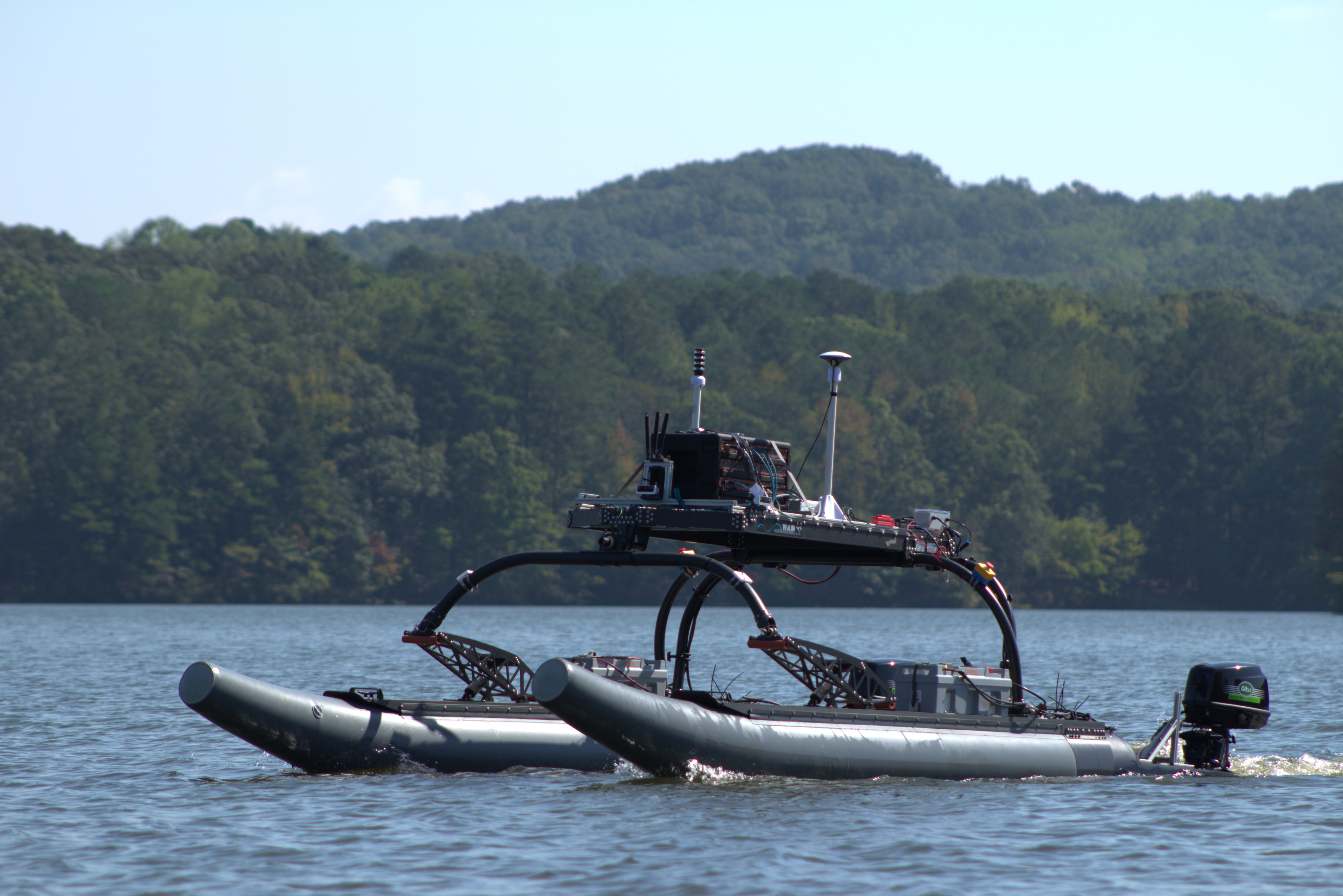 The WAM-V docked during a lake test.